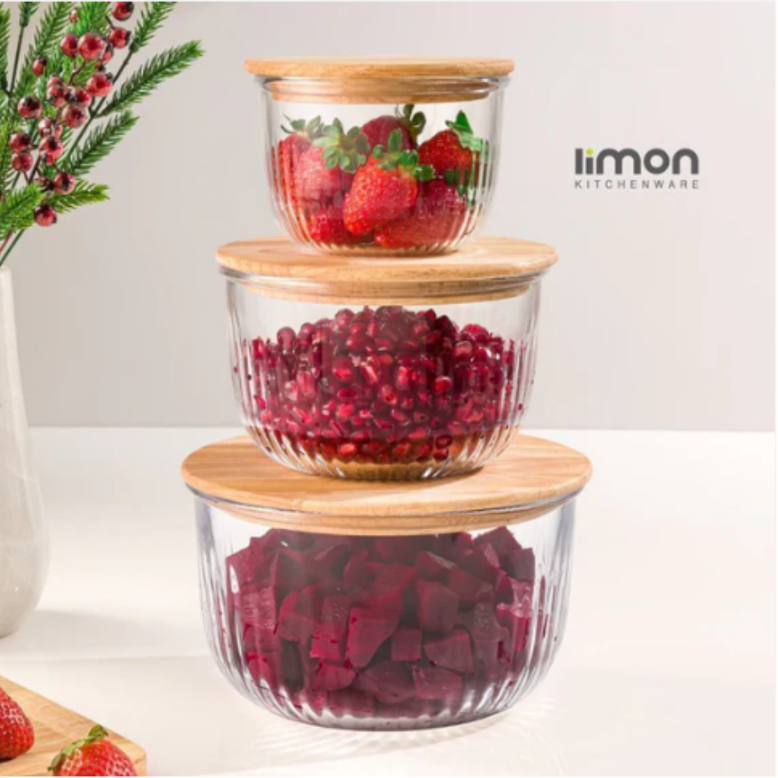 Fluted Design Airtight Glass Bowls Set (2212) by Limon