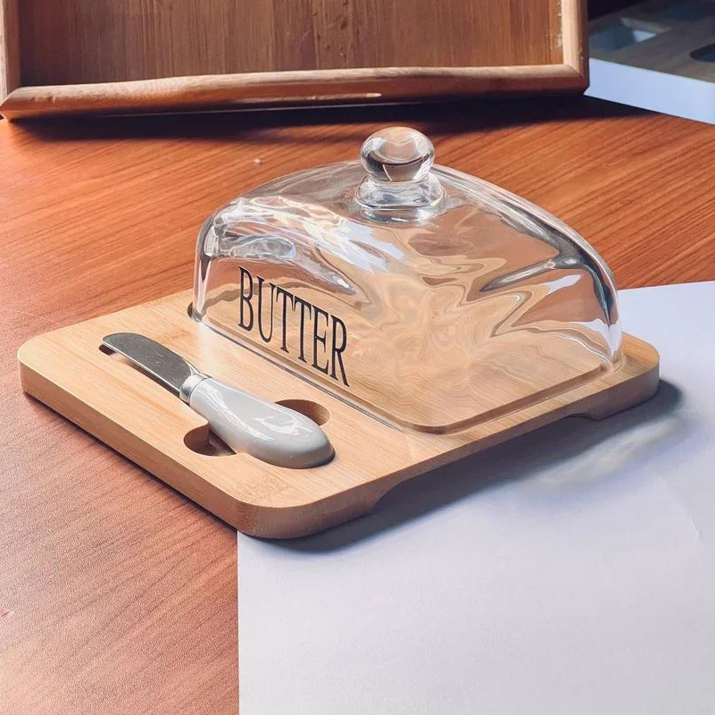 Glass Butter Dish with Bamboo Base & Knife