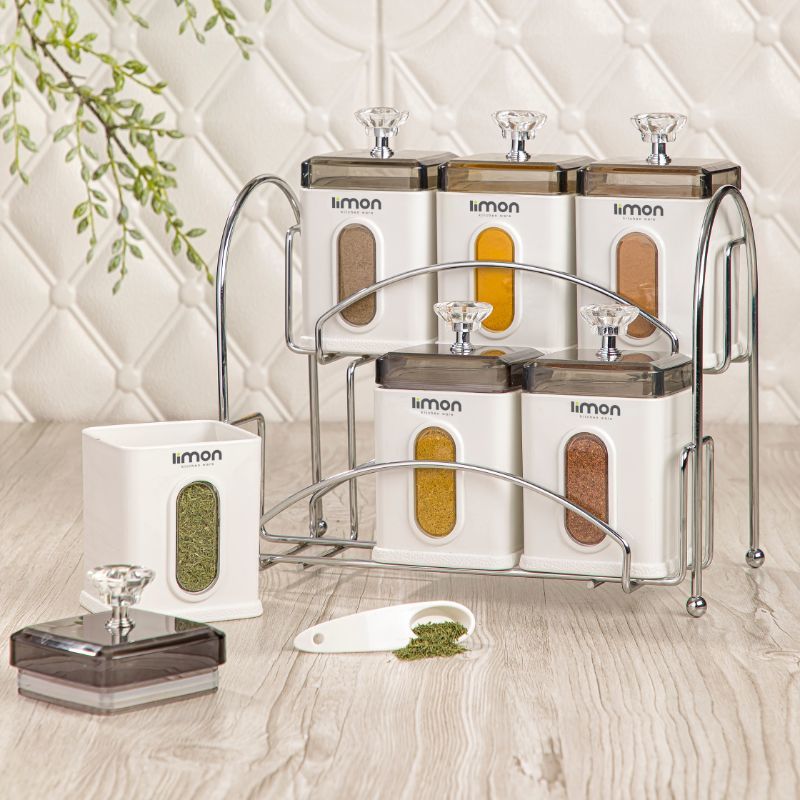 Elegant 6-Piece Airtight Spice Jar Rack with Spoons (1971) by Limon