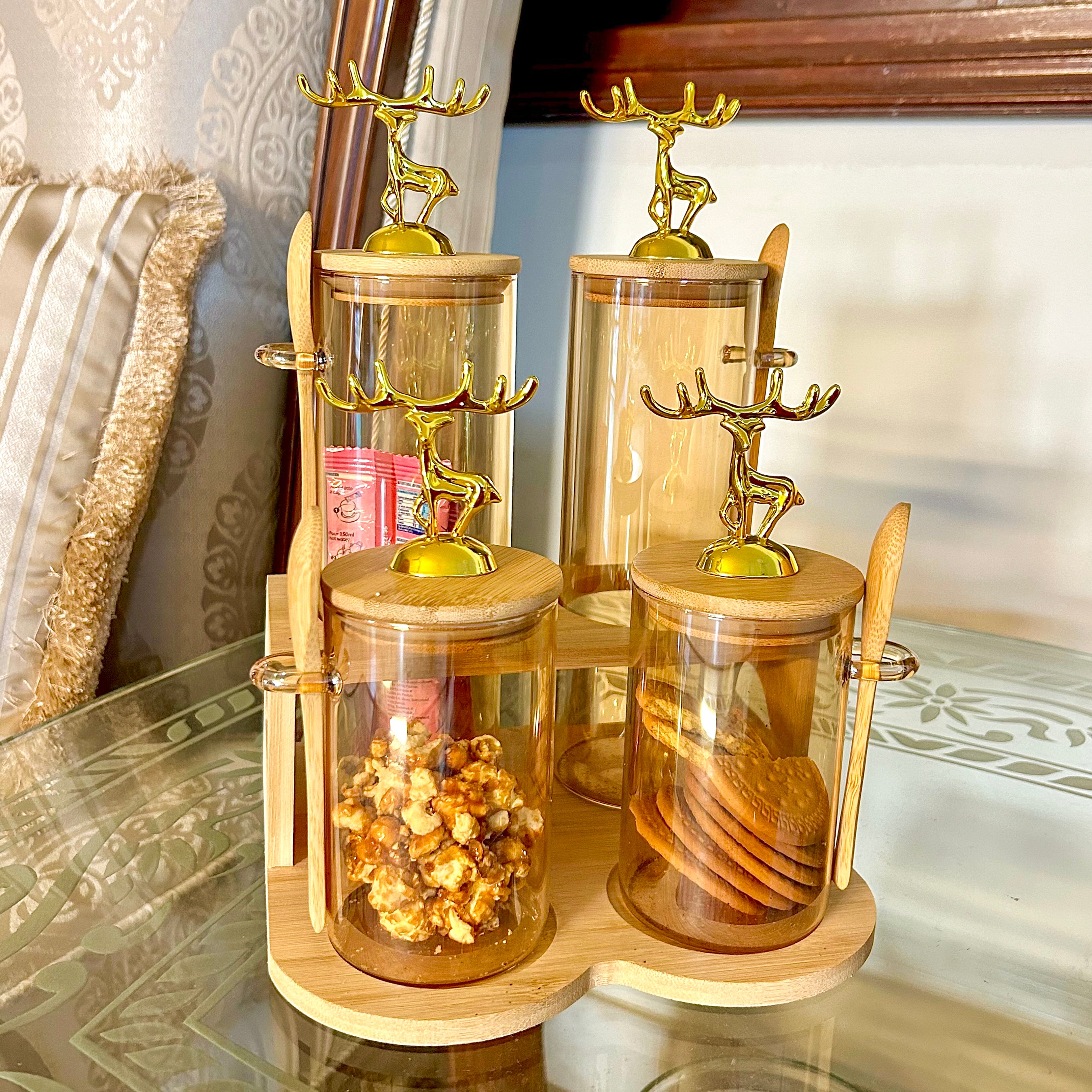 TintedGold 4-Pcs Airtight Storage Jars Set (1105) with Bamboo Spoon & Stand