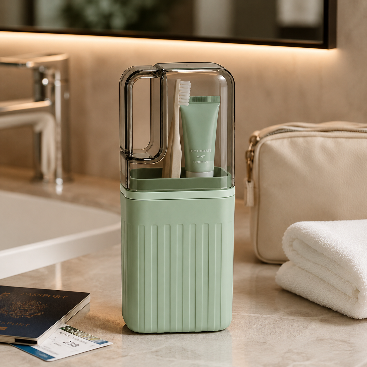 Toothbrush & Toothpaste Holder with Clear Handled Cover