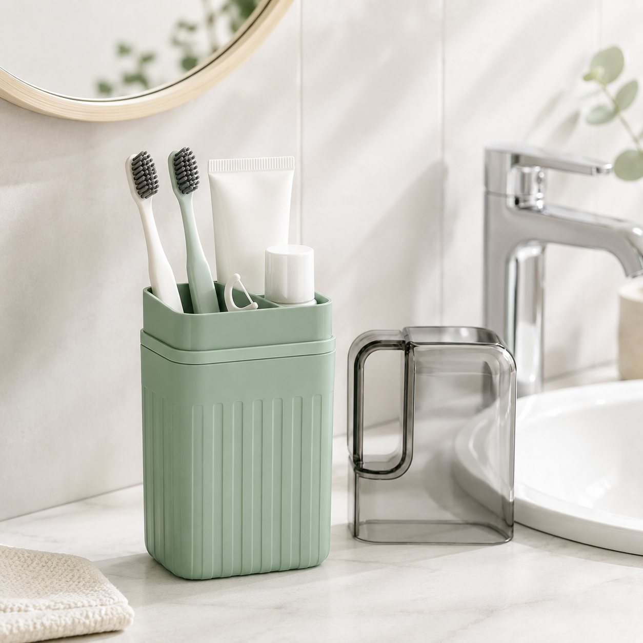 Toothbrush & Toothpaste Holder with Clear Handled Cover