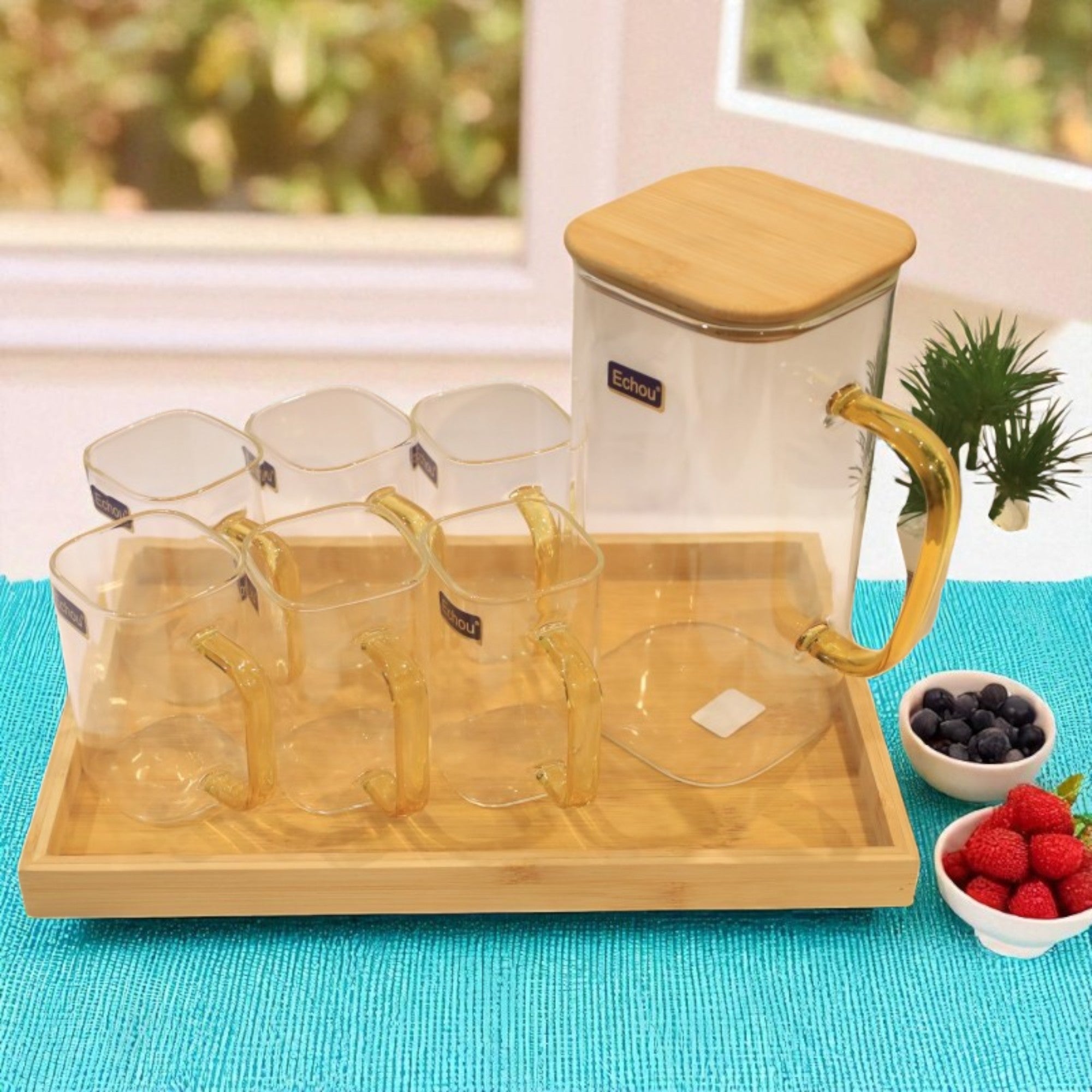 8Pcs Glass Pitcher Set with Wooden Lid & Tray