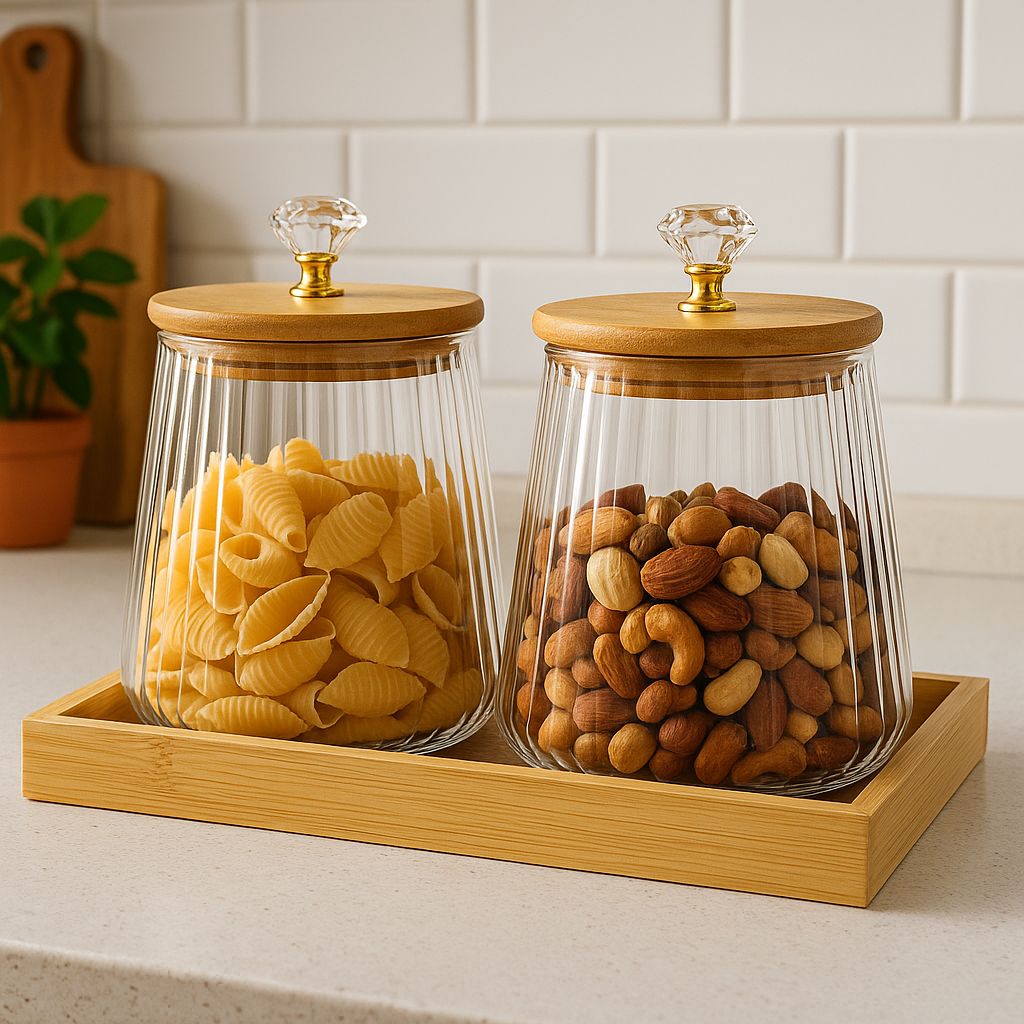 OakNest Glass Canister Set with Wooden Tray (1115)