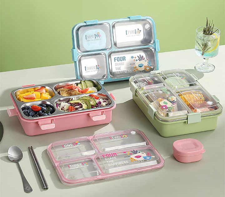 Modern Leakproof Stainless Steel (SUS304) Lunch box with Cutlery Grid & Sauce Compartment (7136)