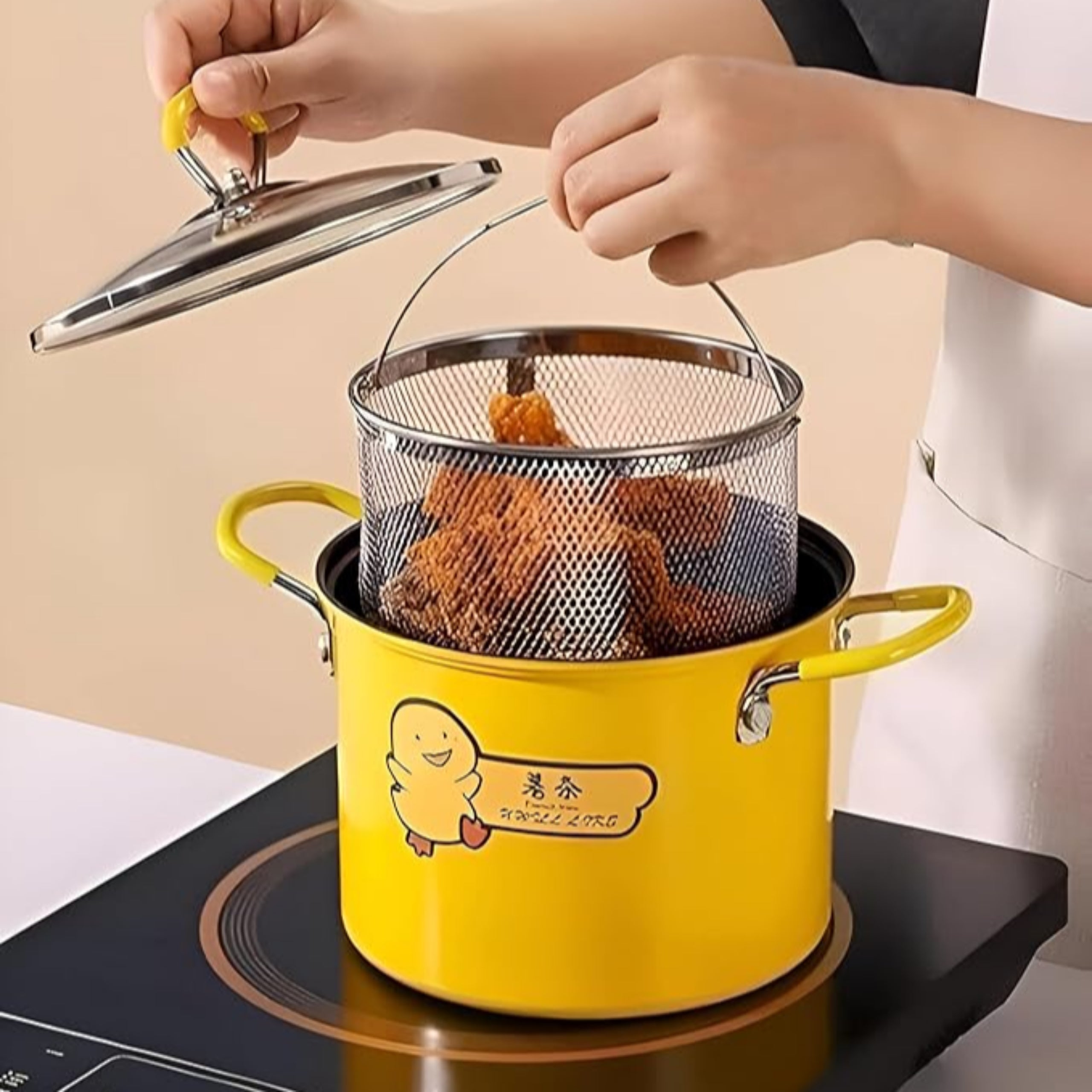Cartoon Duck-Themed Multi-Purpose Stockpot with Lid & Mesh Basket