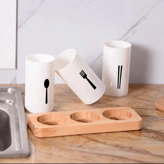 3-Piece Modern Utensil Holder with Wooden Display Tray