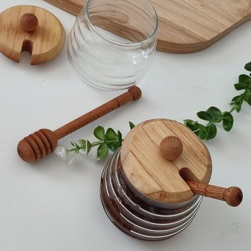 Honey Storage Glass Jar with Wooden Lid and Serving Tray