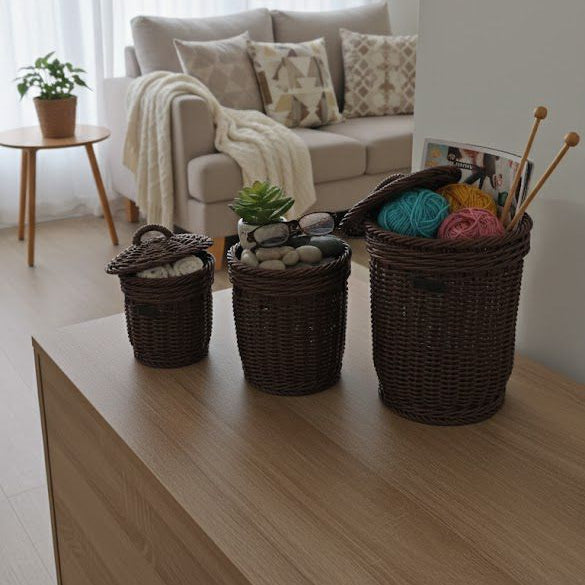 3Pcs Handmade Cylindrical Baskets with Lids (51122) by Ziba