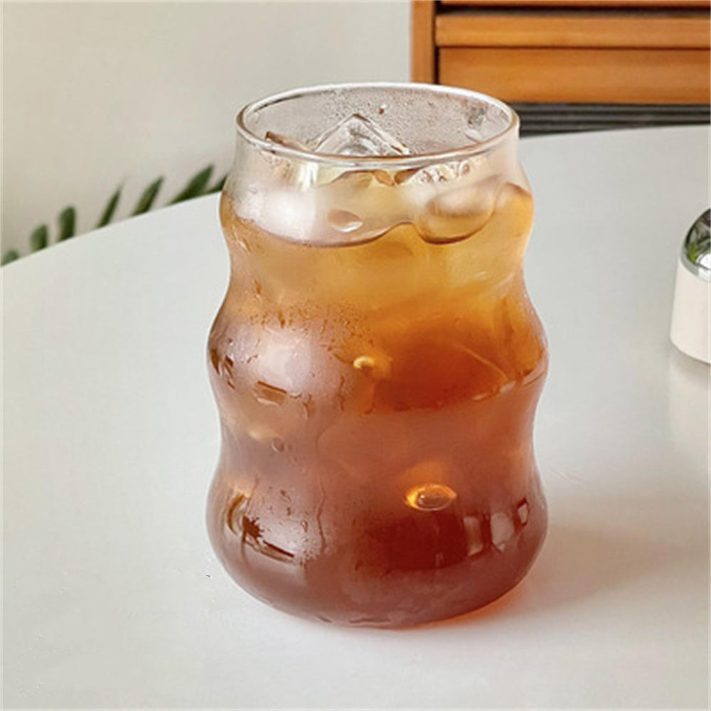 Wave Shape Glass Cup With wooden lid & straw