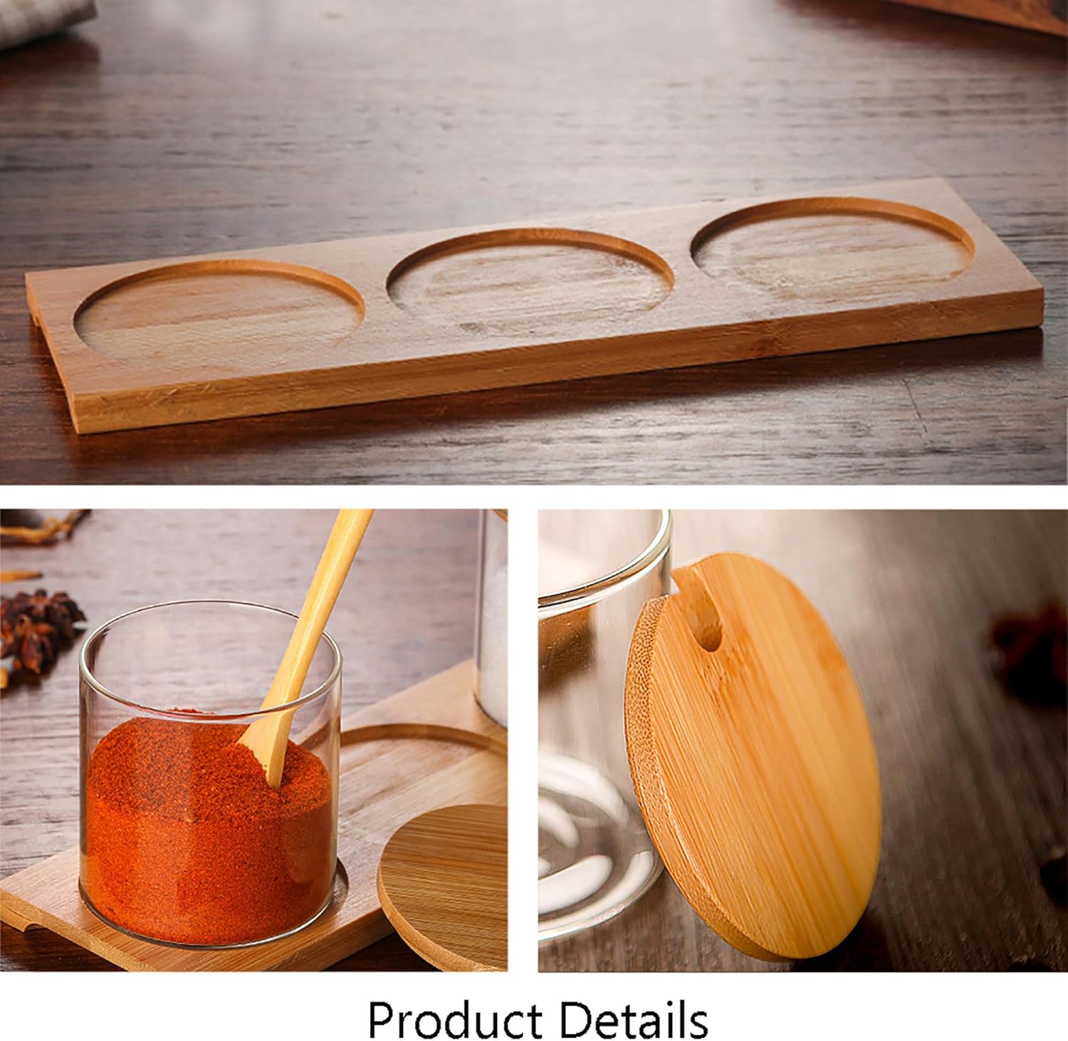 Luxurious Glass Spice Jar Set with Spoons, Wooden Lids, and Display Tray (Set of 3)