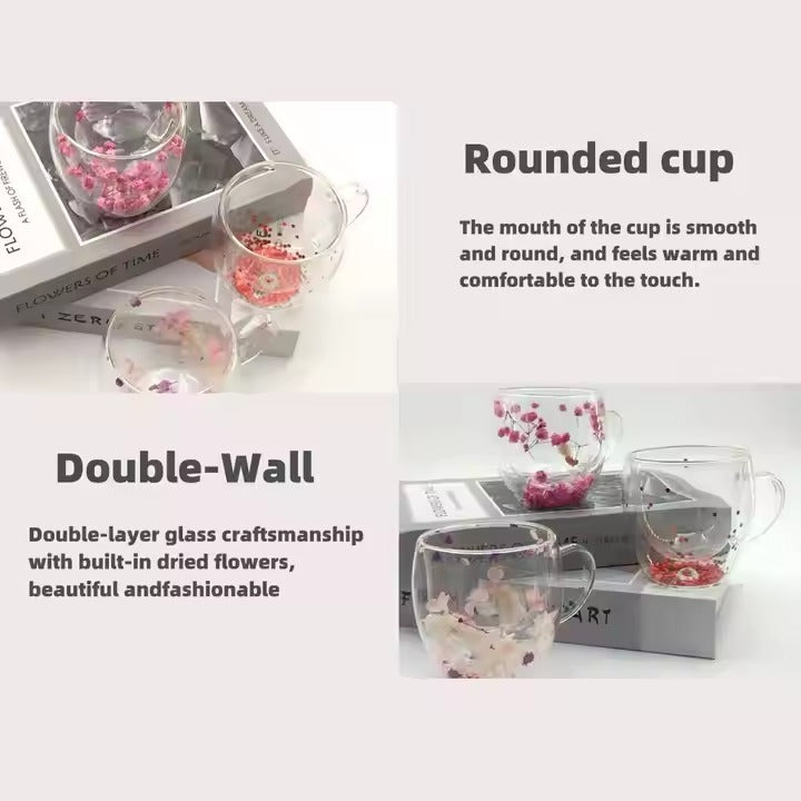Double-Wall Heat Resistant Glass Cup with Dried Flower Art