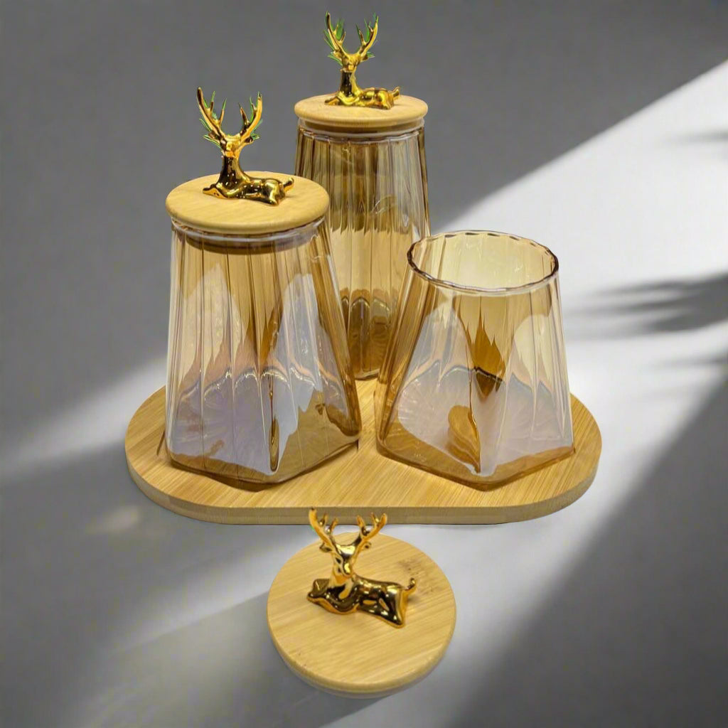 Lavish Glass Storage Jars with Airtight Wooden Lids and Diplay Tray (Set of 3)