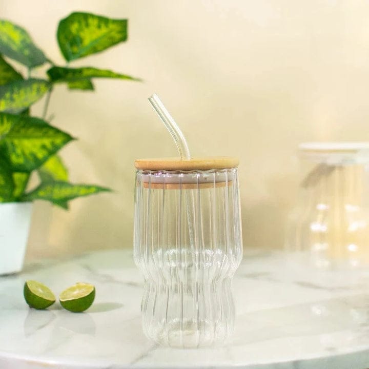 AmberRib Glass Cup with Wooden Lid