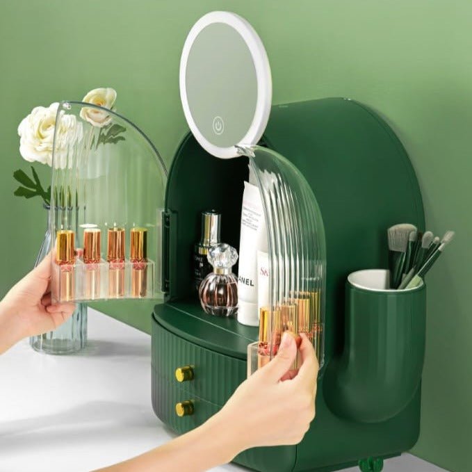 Cactus Cosmetic Organizer With LED Light With Mirror - All-In-One Store