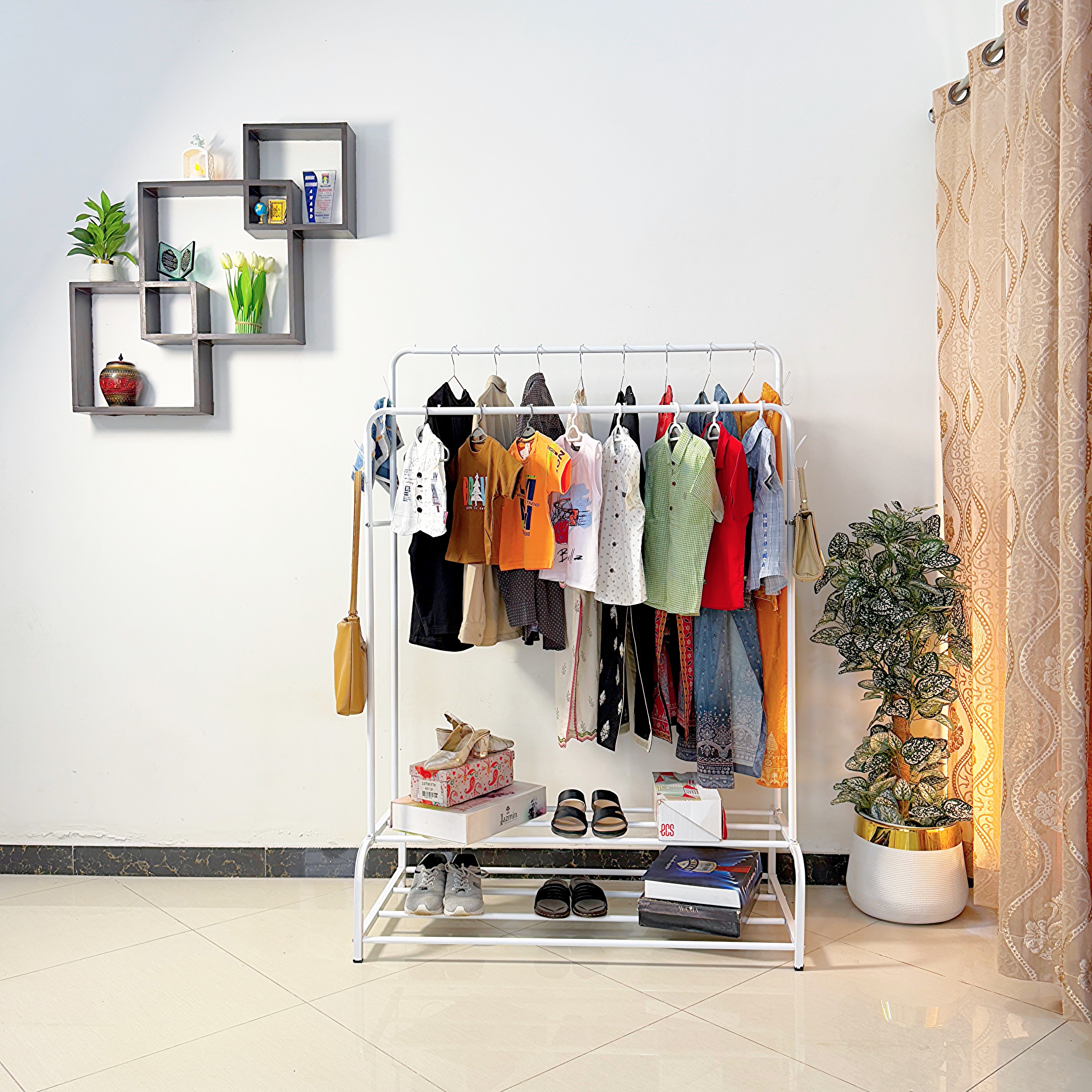 Dual Pole Metal Clothes Stand by Matrix (C) – With Dual Shoe Tiers & Side Hooks