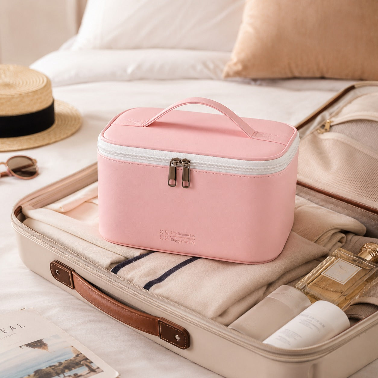 Travel Makeup Organizer Bag with Built-In Brush Storage
