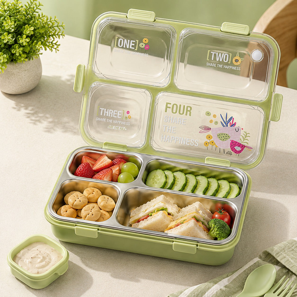 Modern Leakproof Stainless Steel (SUS304) Lunch box with Cutlery Grid & Sauce Compartment (7136)