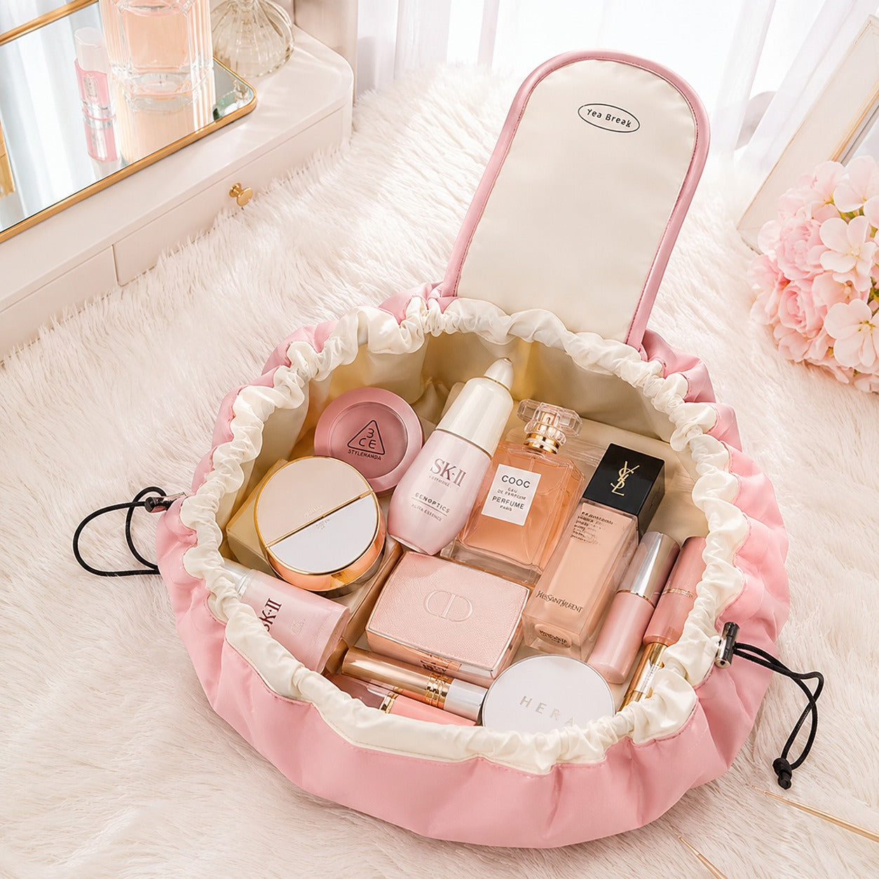 Flat-Lay Drawstring Makeup Bag with Carry Handle
