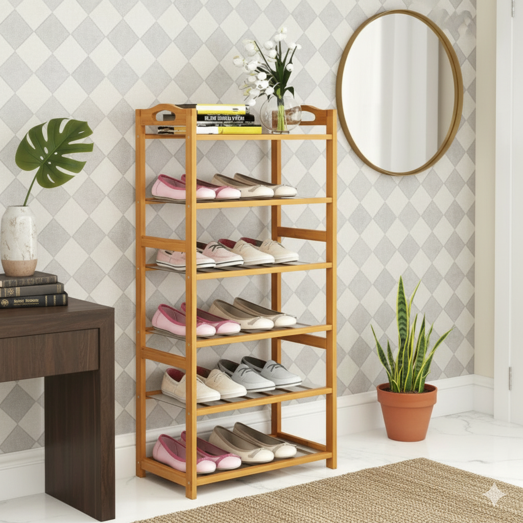 Sturdy Bamboo 6-Tier Shoe Rack with Anti-Slip Mats
