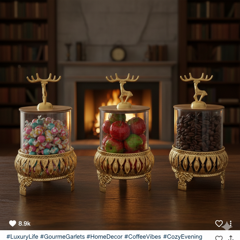 Royal 3-Pcs Golden Base TintedGlass Jars with Lid (1129)