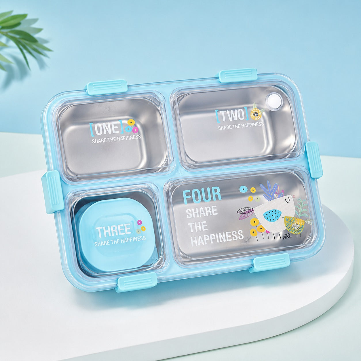 Modern Leakproof Stainless Steel (SUS304) Lunch box with Cutlery Grid & Sauce Compartment (7136)