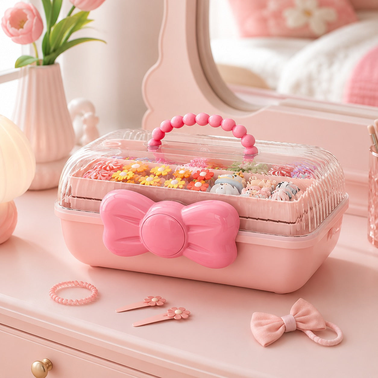 cute 3-Tier Fold-Out Hair Accessory Organizer with Clear Lid