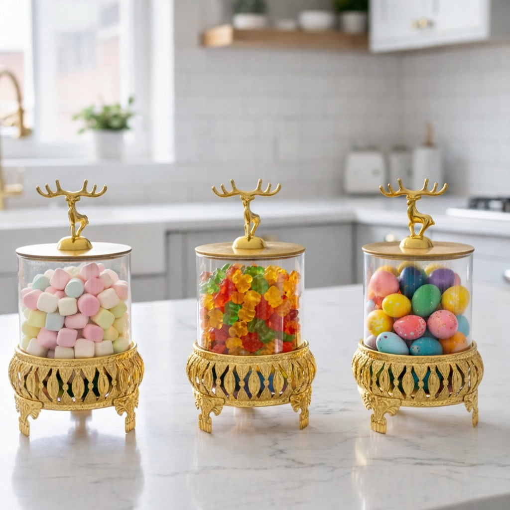 Royal 3-Pcs Golden Base TintedGlass Jars with Lid (1129)