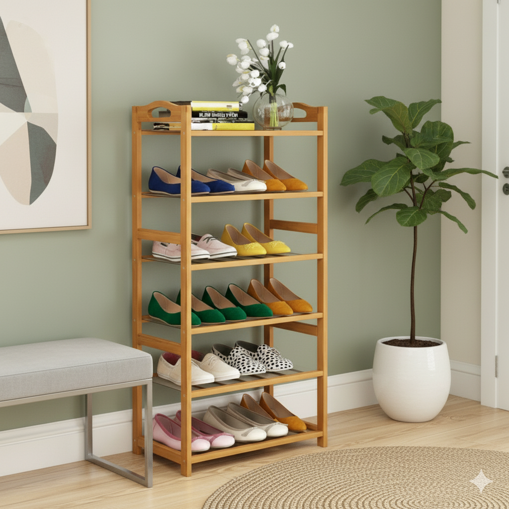 Sturdy Bamboo 6-Tier Shoe Rack with Anti-Slip Mats