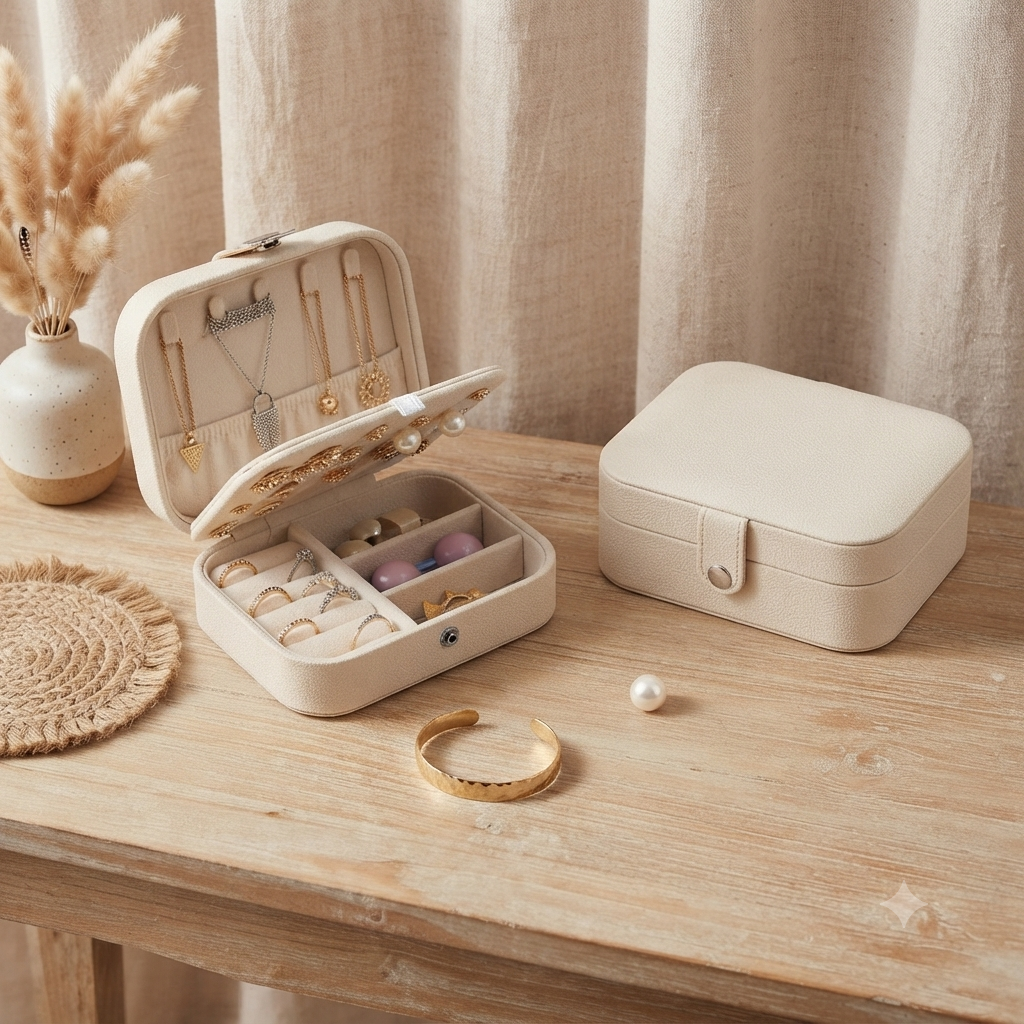 Compact Travel Jewellery Box with Necklace Hooks & Ring Slots
