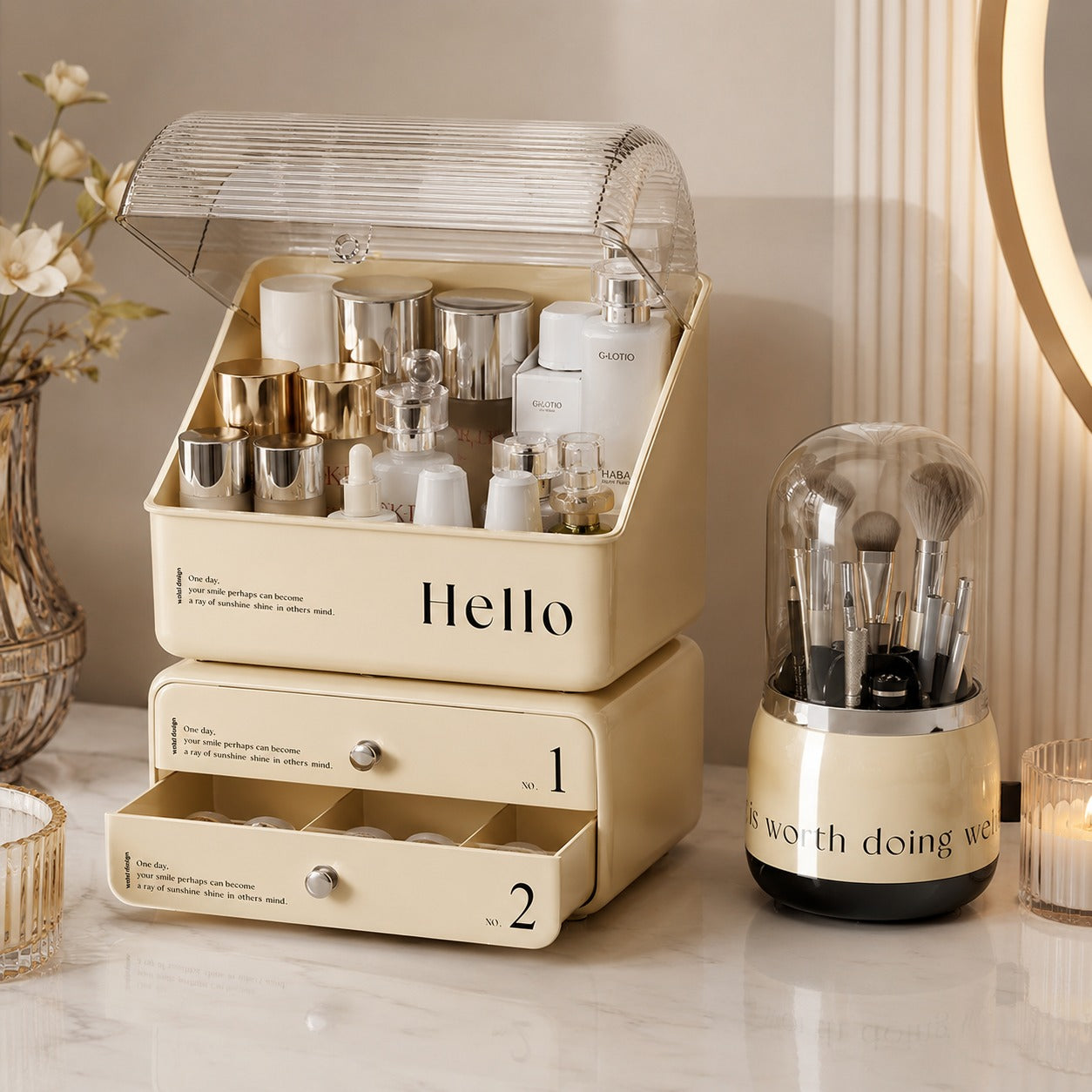Exquisite Cosmetic Organizer with Dual Shelves and Brushes Holder