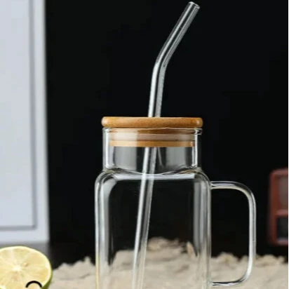 Transparent Airtight Jar-like Glass with Handle and Straw