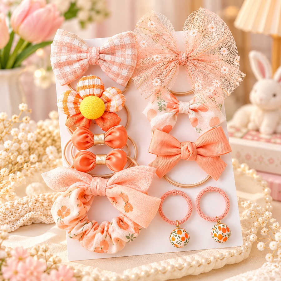 10-Piece Floral & Bow Elastic Hairband Set in Coordinated Colours