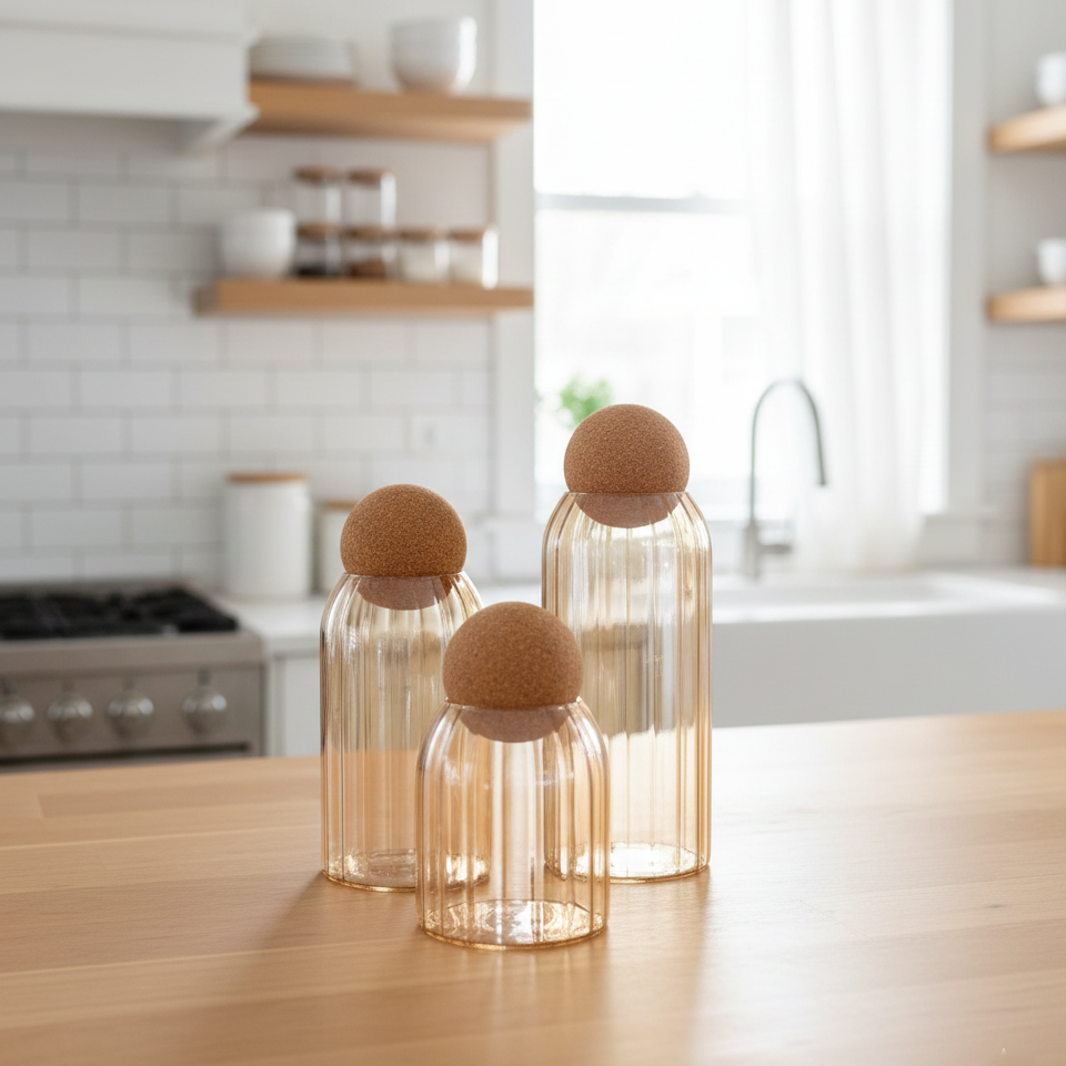 Ribbed Tinted Glass Storage Jars with Wooden Ball Lids