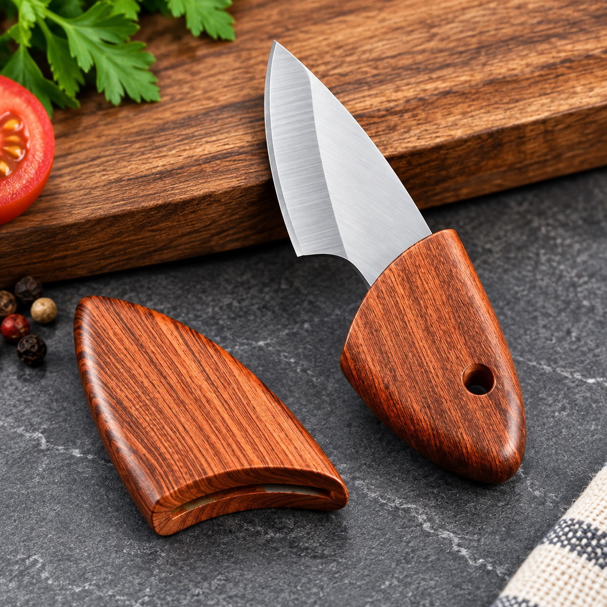10 cm Keychain Knife with Wooden Blade Cover