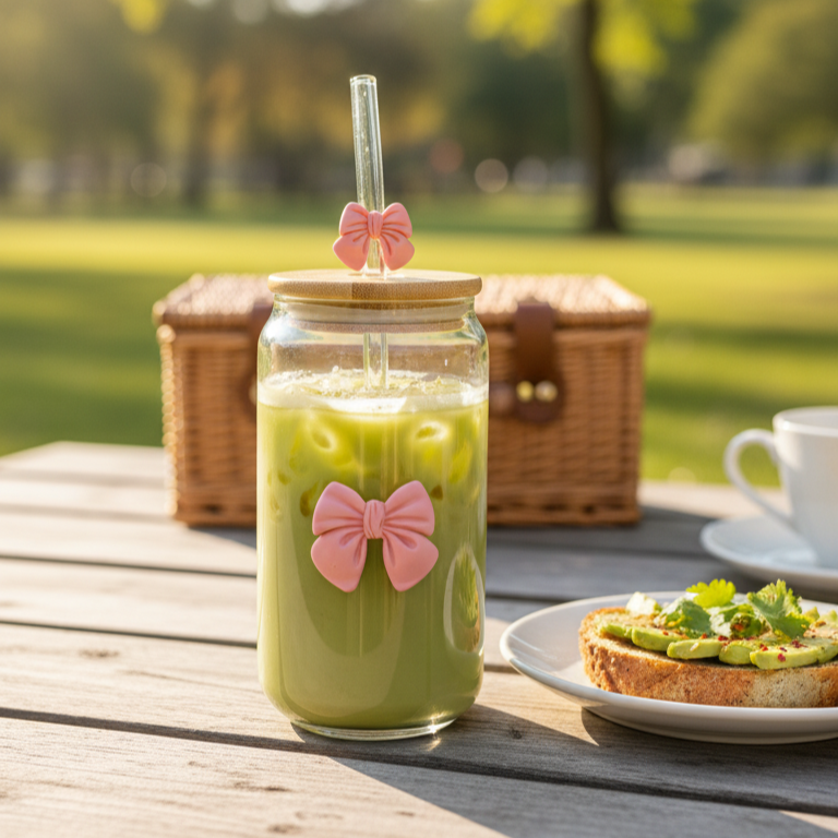 BambooBow Glass Tumbler with Cute Bow Straw