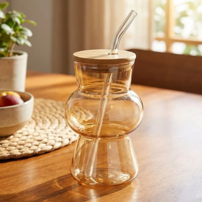 Hourglass Shaped Tinted Glass Tumbler with Straw
