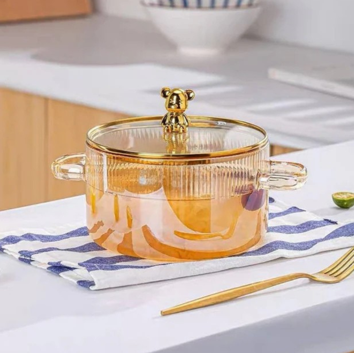 Golden Brown Borosilicate Glass Saucepan with Lid 2L