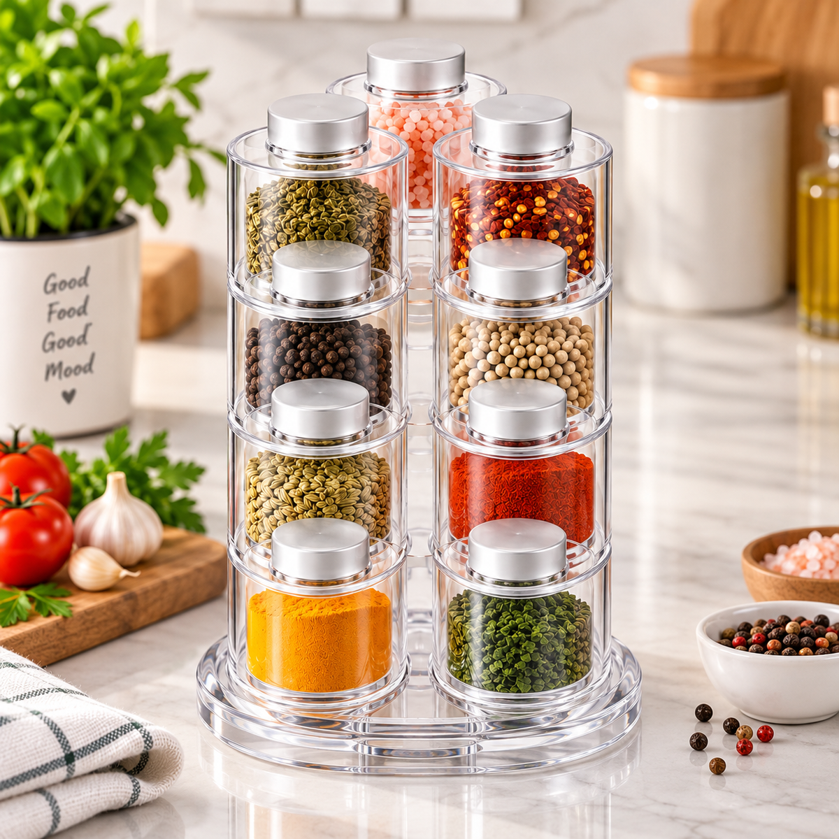 12-Jar Acrylic Spice Tower with 360° Rotating Base