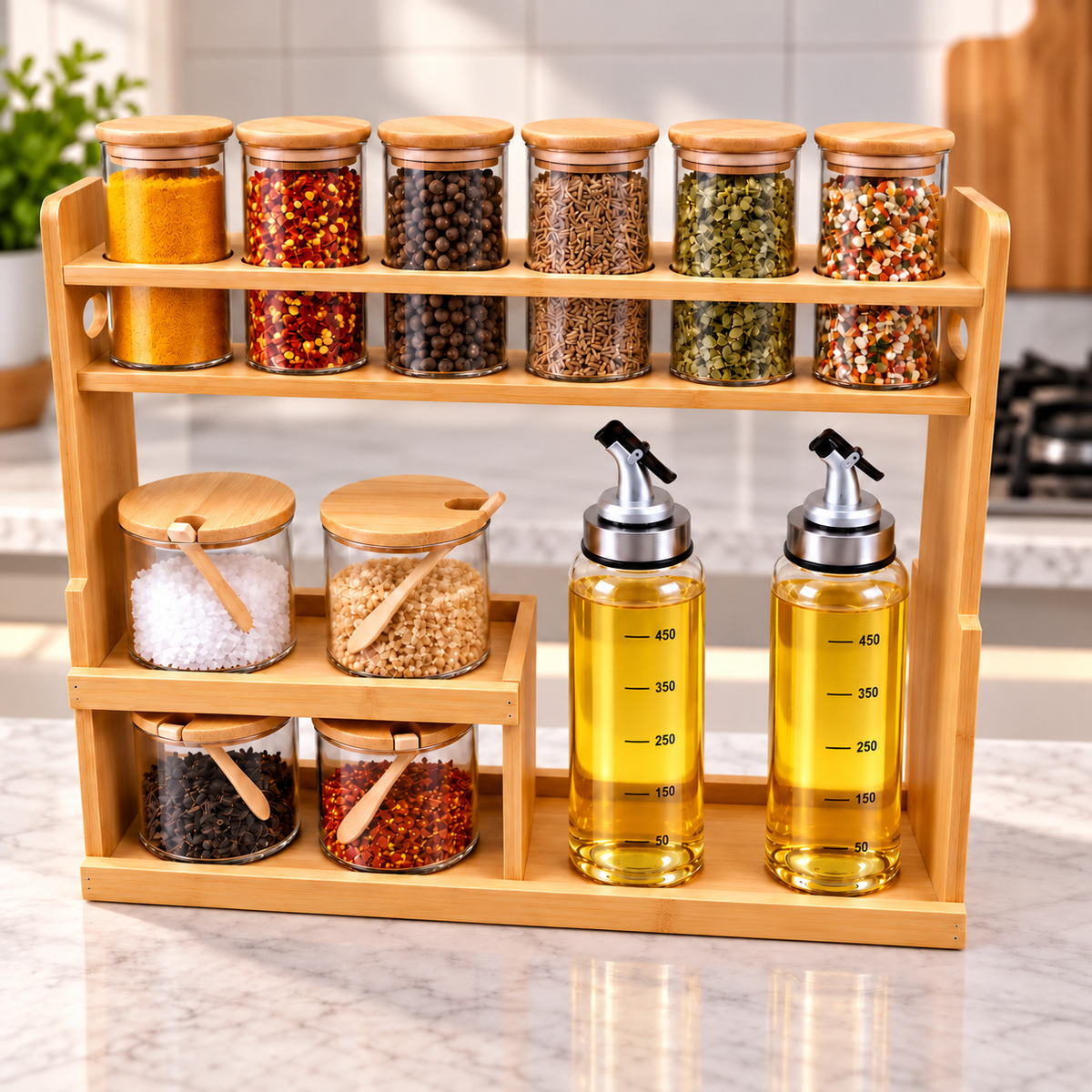 13-Piece Bamboo Spice Rack Set with 10 Glass Jars & 2 Oil Dispensers