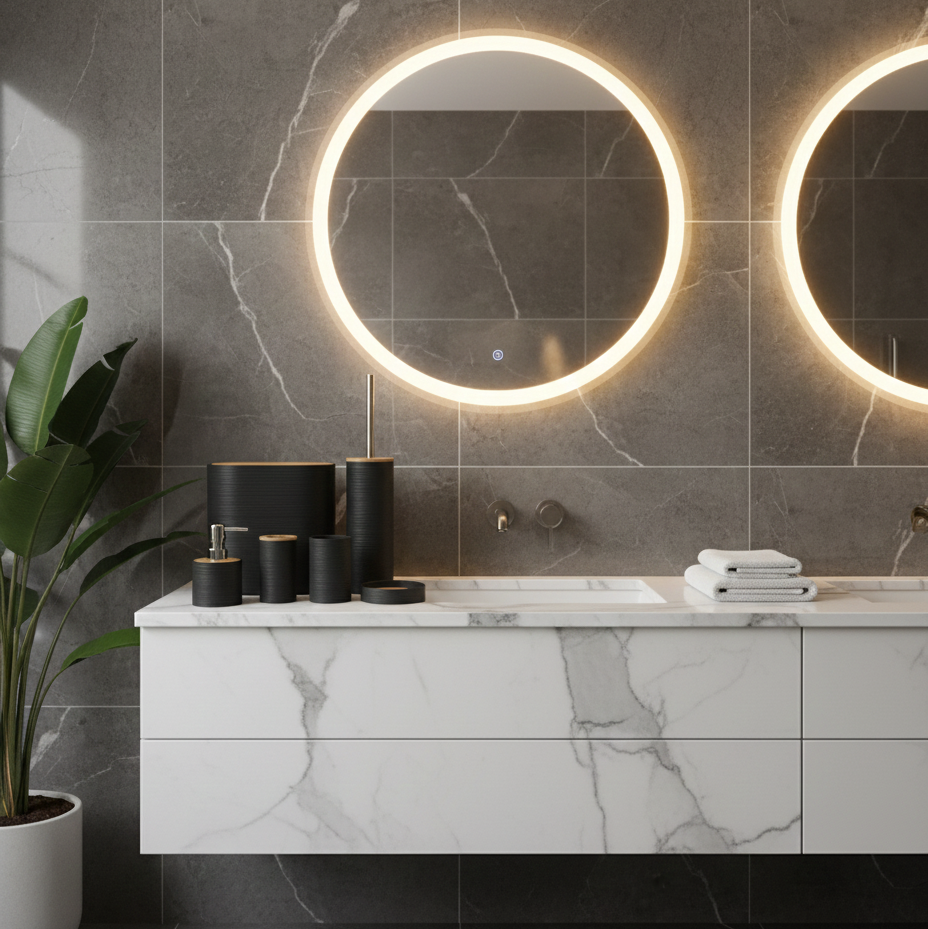 6-Piece Modern Ribbed Bathroom Set with Wooden Lids