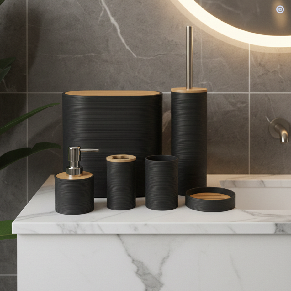 6-Piece Modern Ribbed Bathroom Set with Wooden Lids