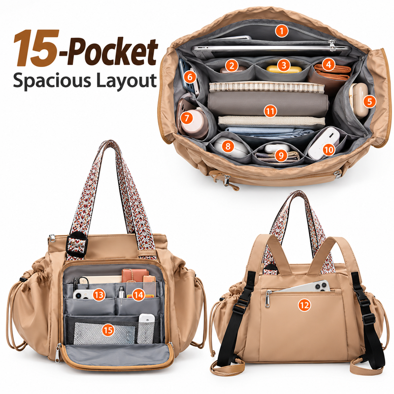 15-Pocket Travel Tote with Crossbody Strap