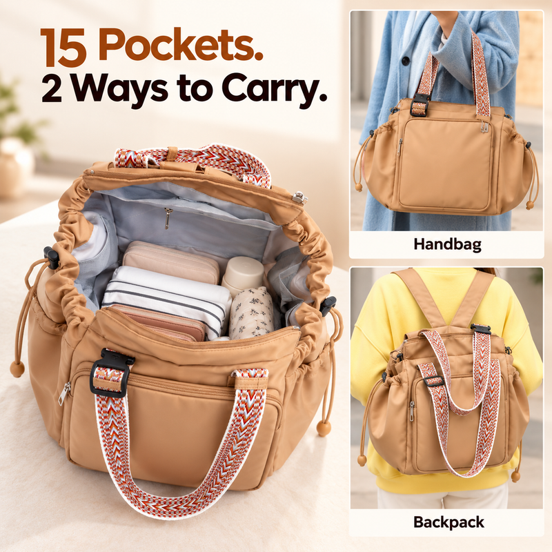 15-Pocket Convertible Travel Tote Bag – Handbag & Backpack