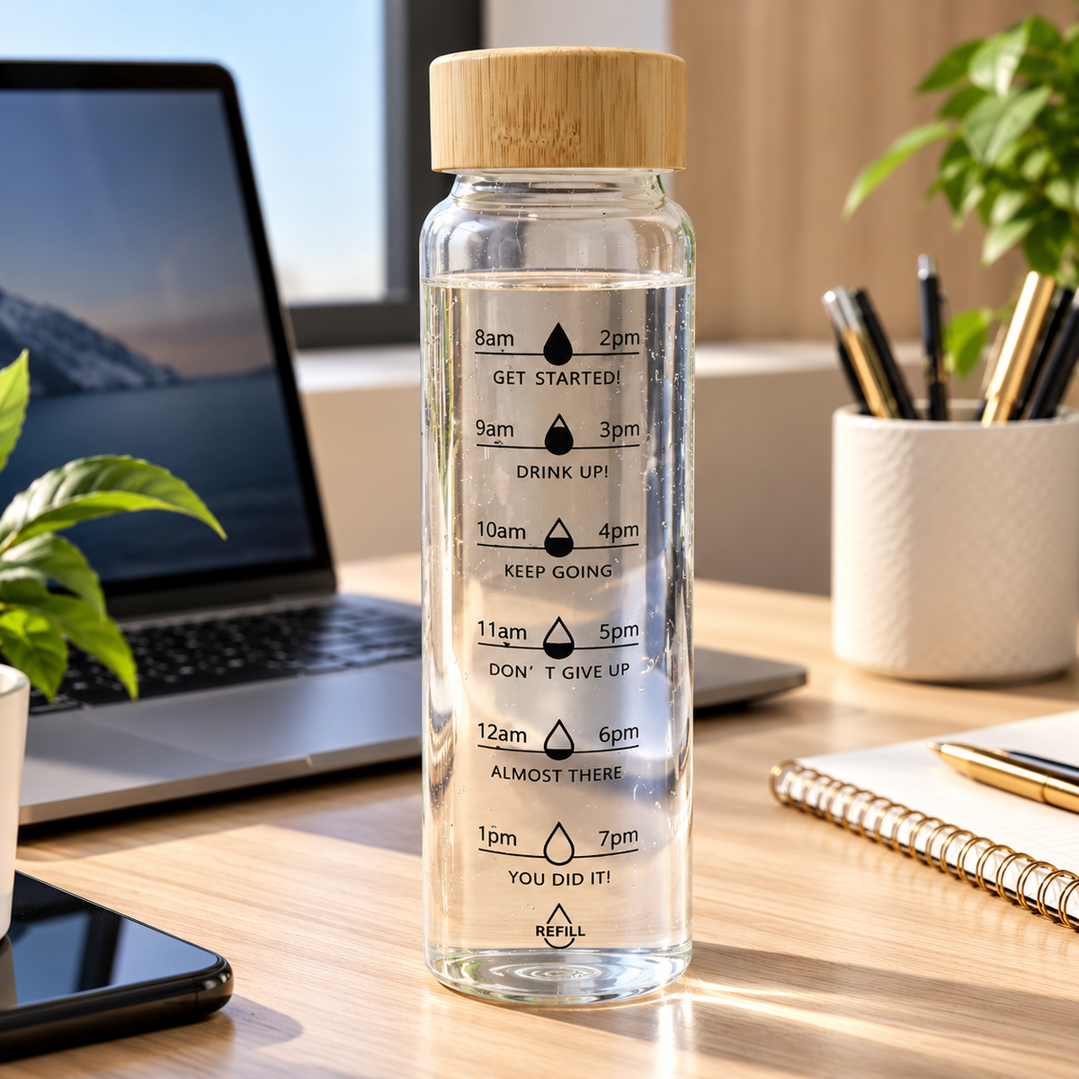 1L Glass Water Bottle with Time Markers & Wooden Lid