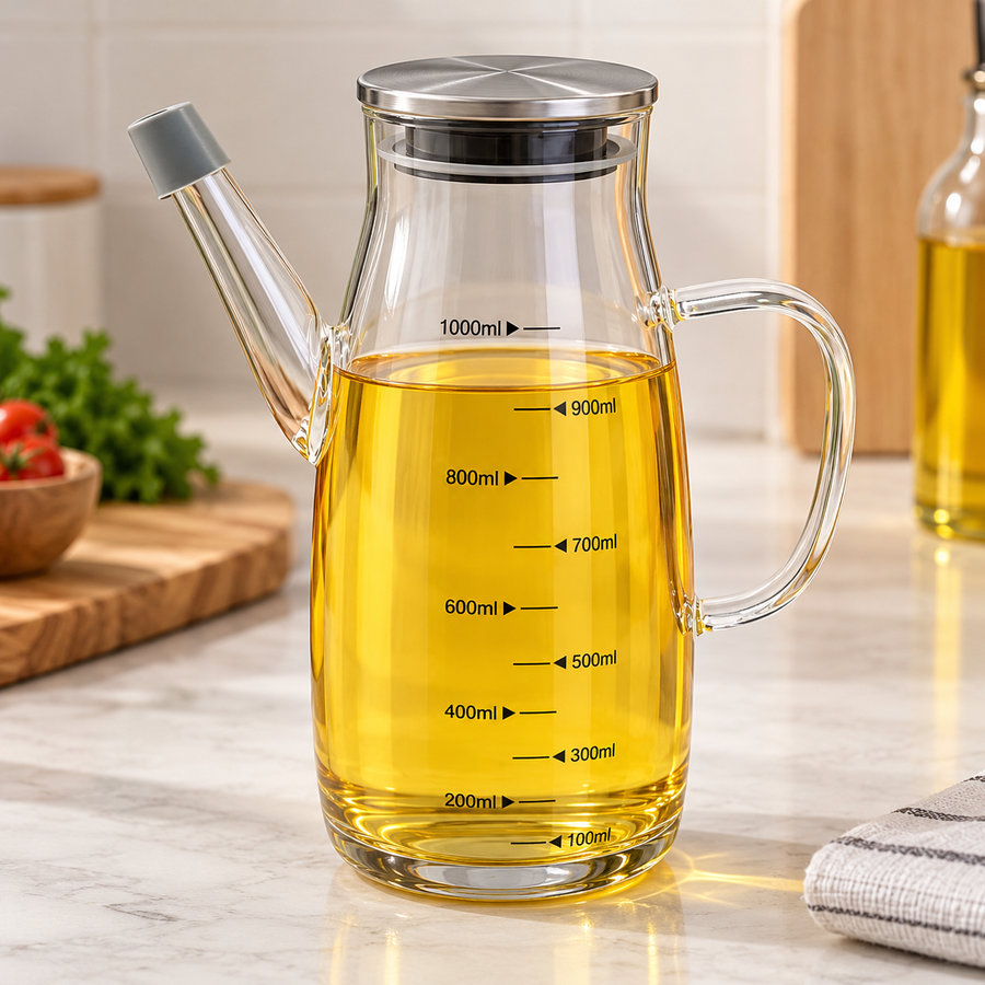 1,000 ml Glass Oil Dispenser with Handle & Measuring Scale