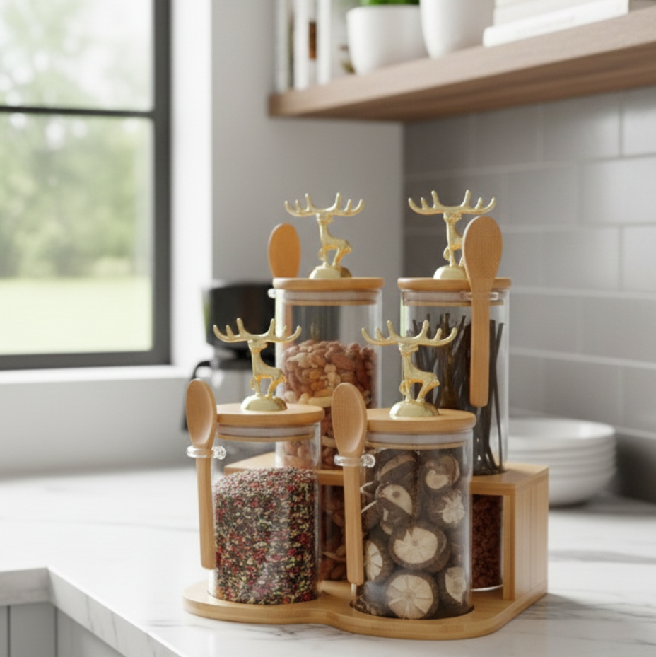 TintedGold 4-Pcs Airtight Storage Jars Set (1105) with Bamboo Spoon & Stand