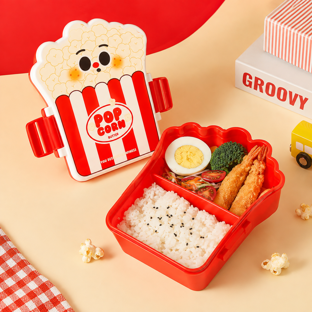 2-Compartment Popcorn-Shaped Kids Lunch Box with Spoon