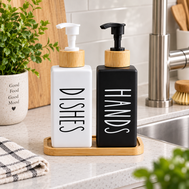 2-Piece Ceramic Soap Dispenser Set with Bamboo Tray