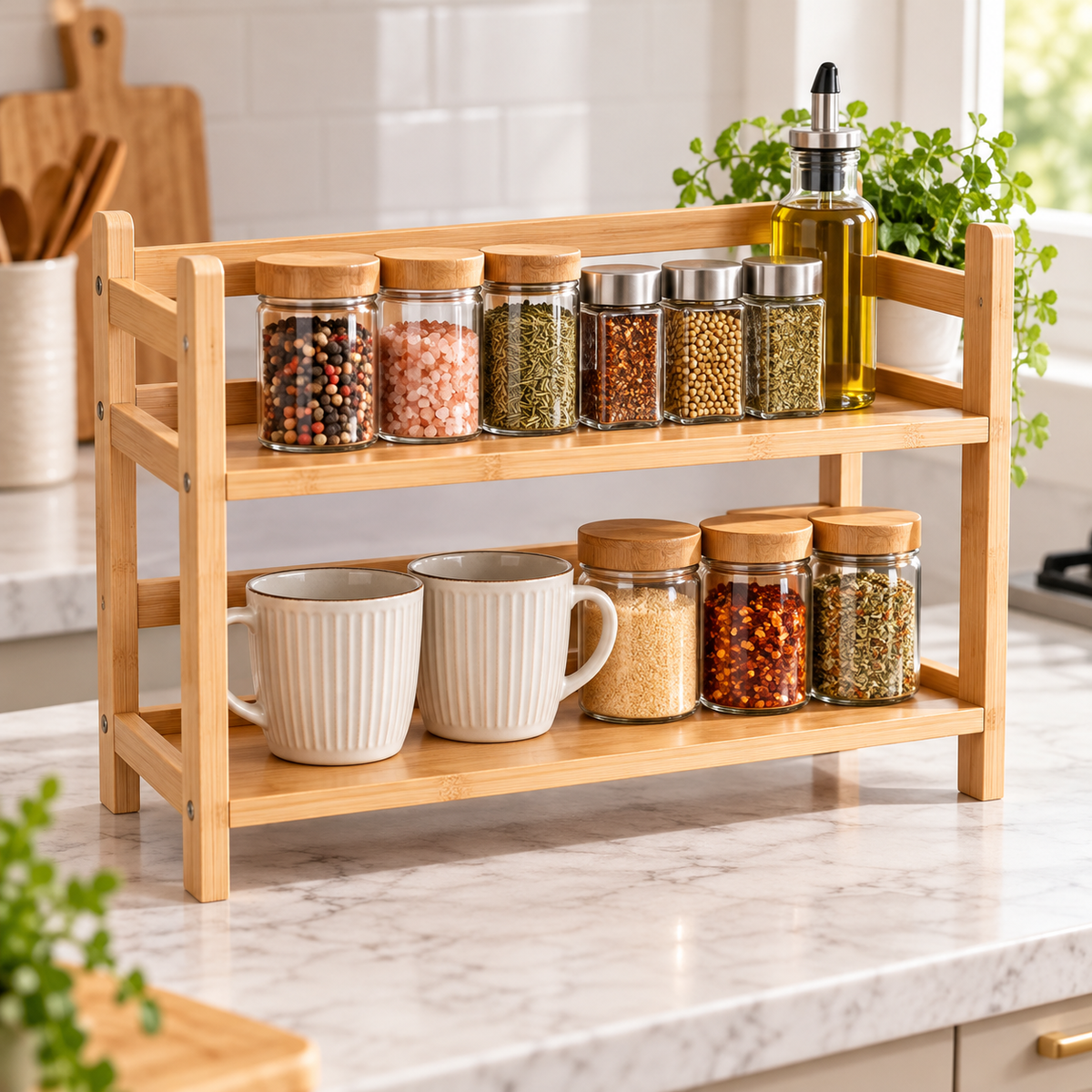 2-Tier Bamboo Countertop Organizer for Cups & Spices